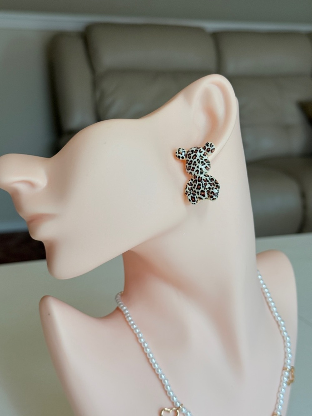 Leopard Print Teddy Stud Earrings - Picture 3 of 11